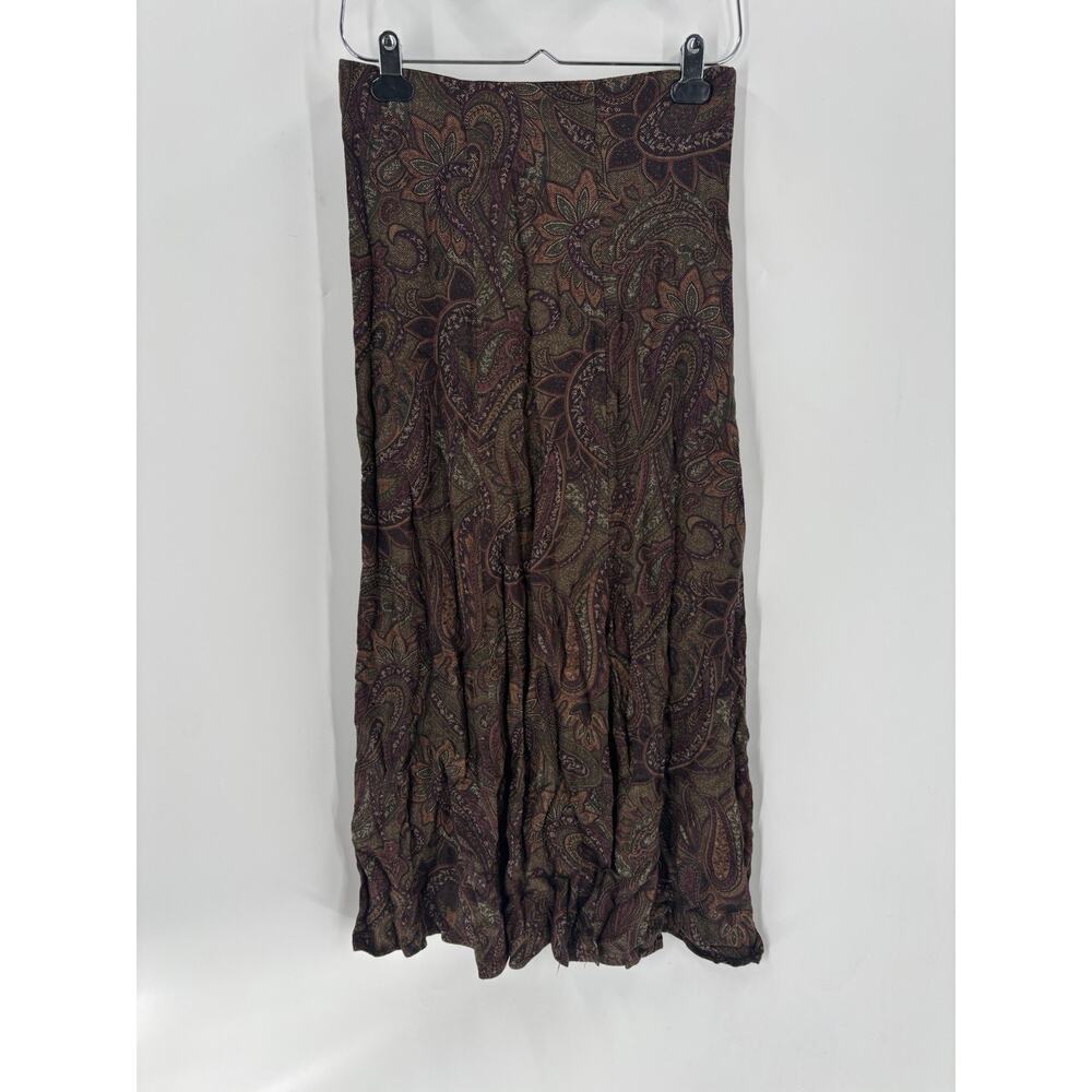 First Option Vintage Skirt Womens Medium Brown Paisley Floral Slit Midi 80s 90s